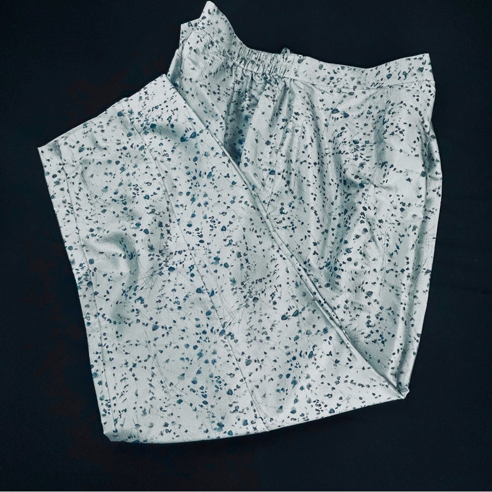 Rena Rowan Silk Pants Baby Blue Abstract Floral Luxe Wide Leg Elastic Stretch